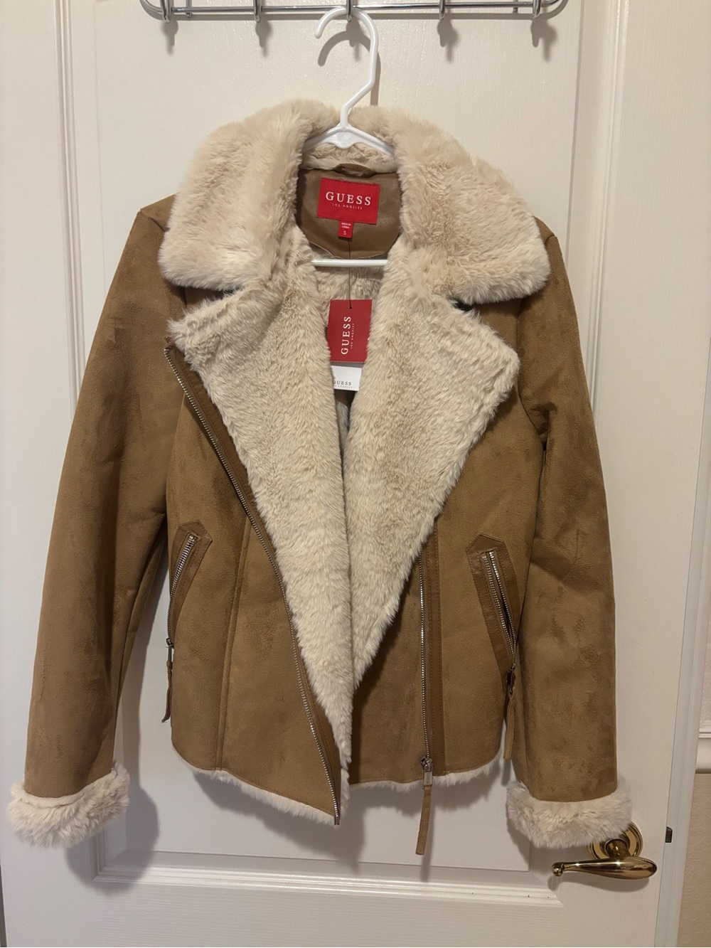 GUESS Tan Suede-Look Teddy Shearling Jacket with Cream Lining